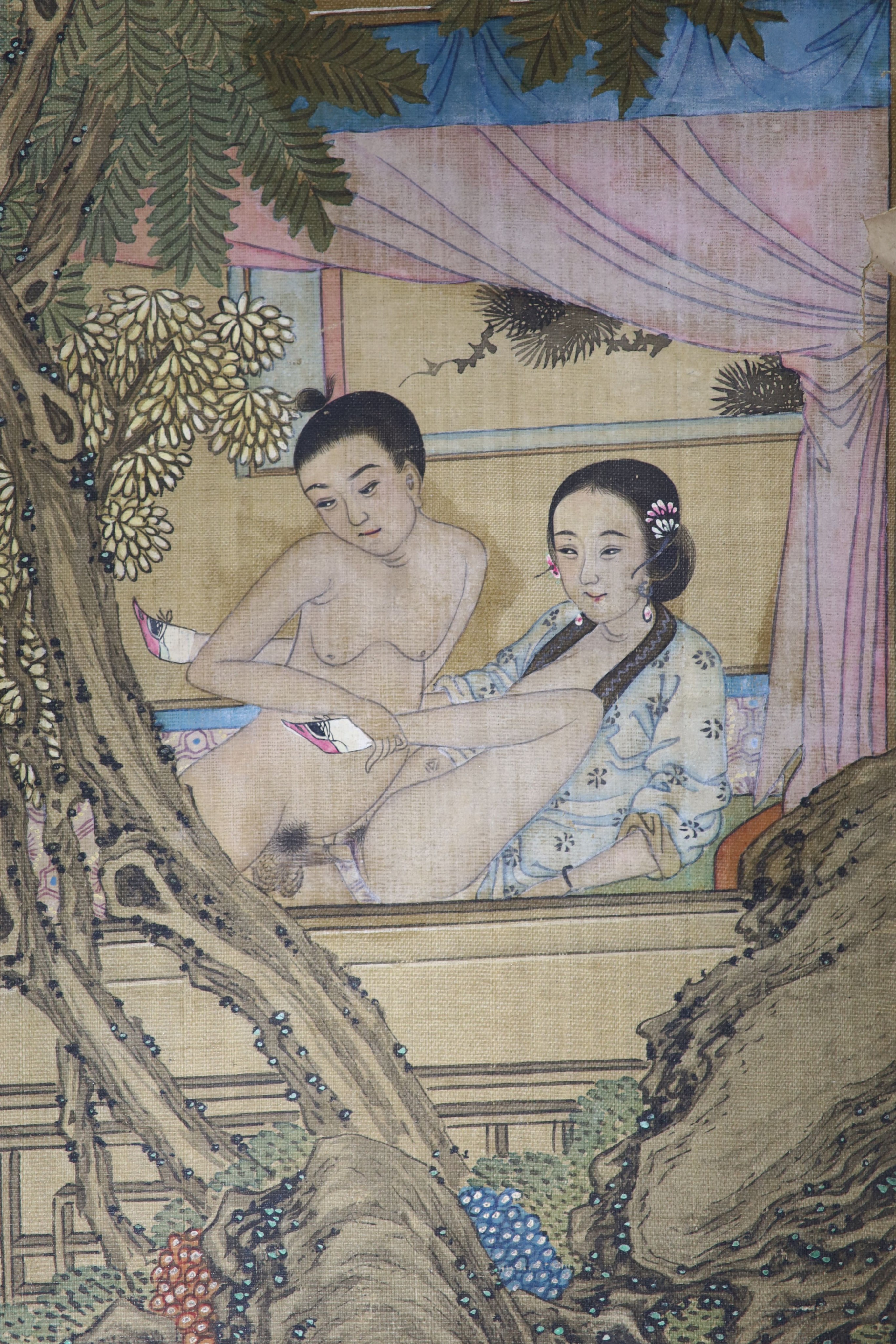 A group of six 19th century Chinese erotic paintings on silk, 27 x 22cm total dimensions